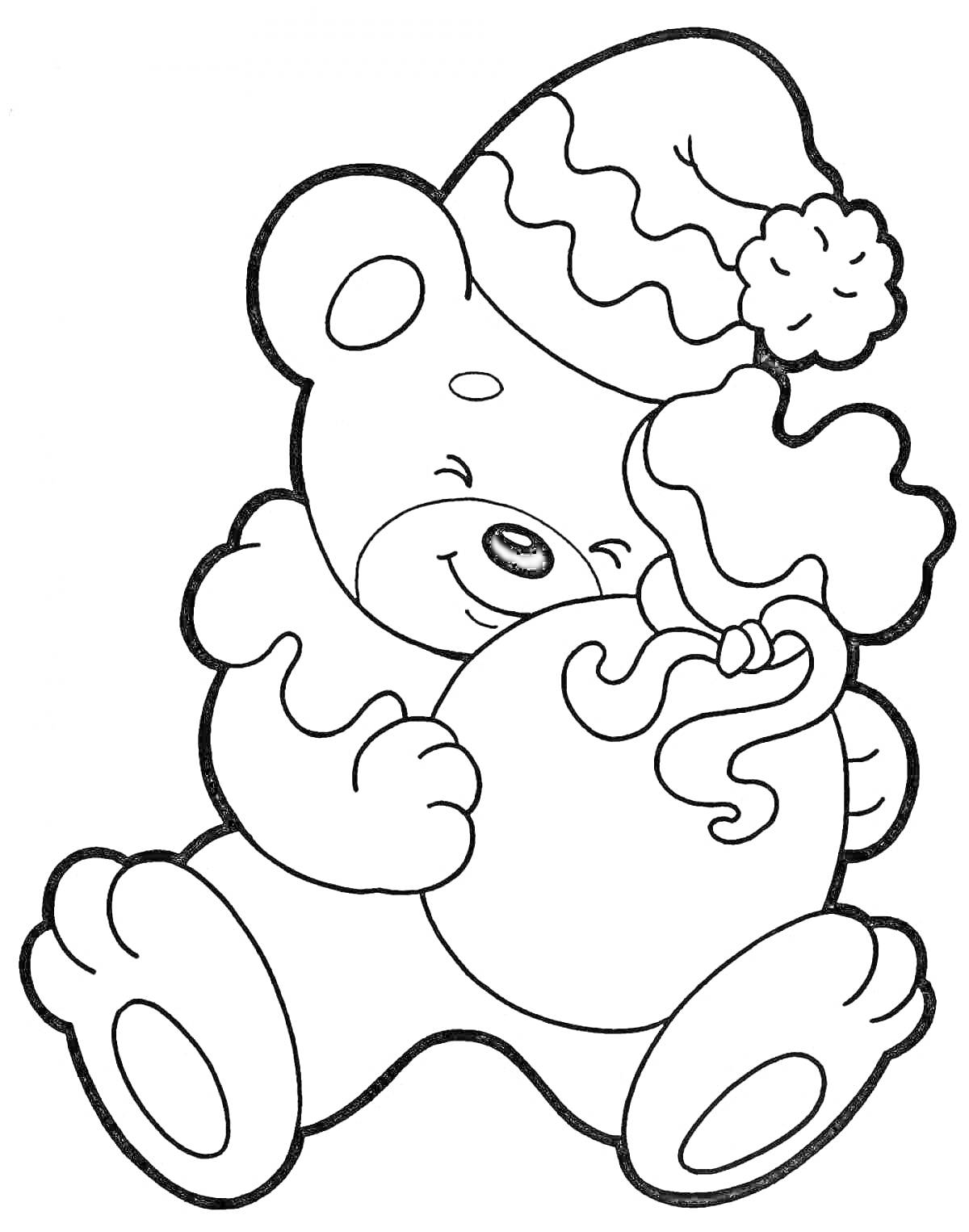 Раскраска Медвежонок в праздничной шапке с мешком