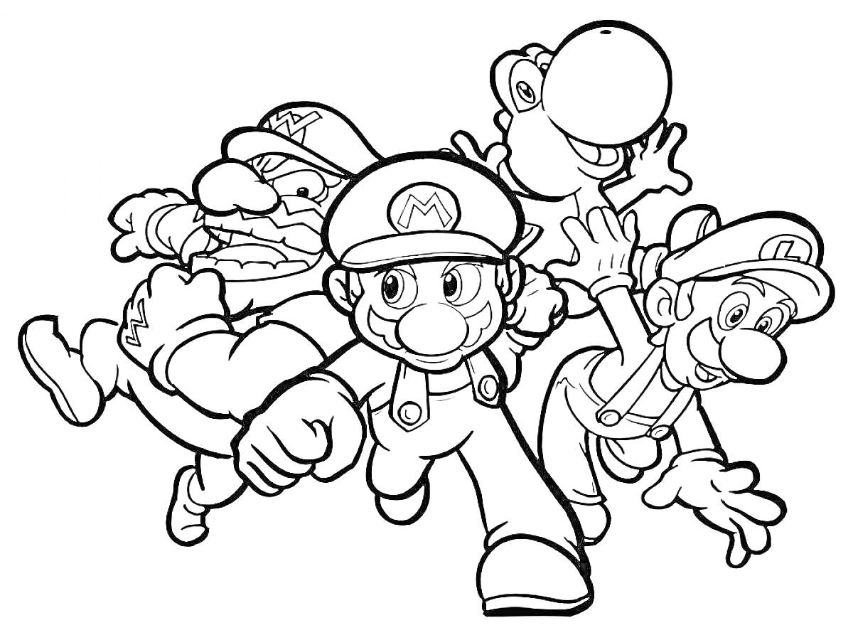 Раскраска «Марио, Луиджи, Йоши и Варио в динамичном действии»