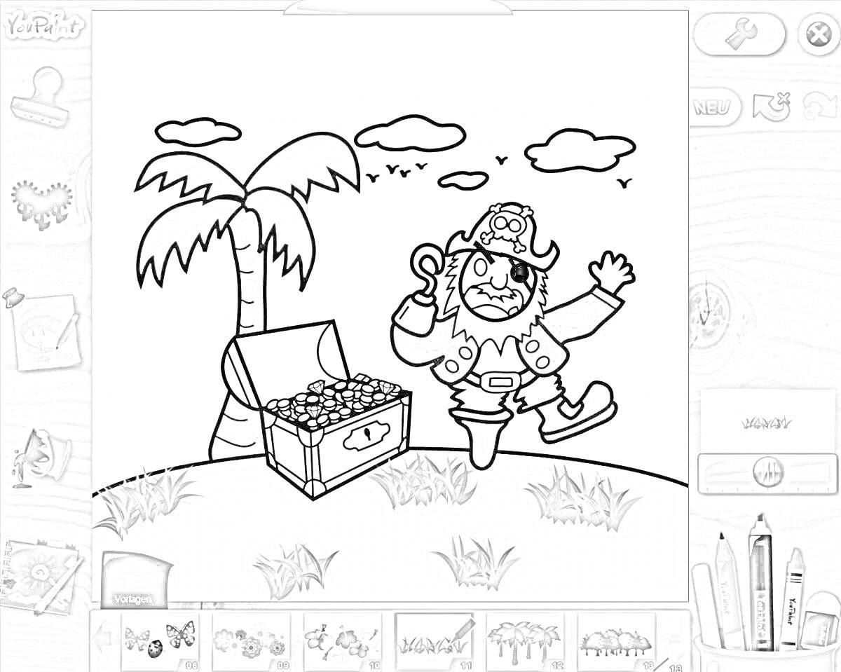 На раскраске изображено: Остров, Облака, Трава, Для детей, Пальмы, Сокровища, Пираты, Сундуки