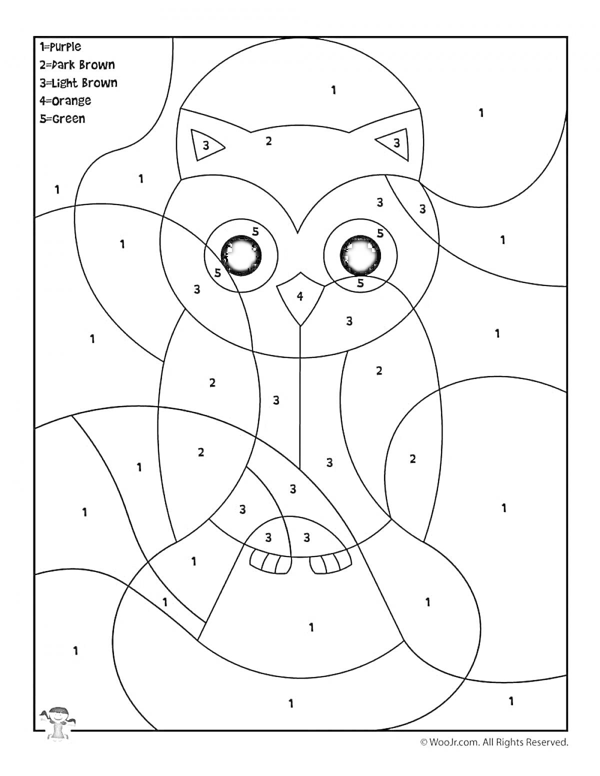 На раскраске изображено: Сова, По номерам, Животные, Пурпурный, Тёмно-коричневый, Зеленый