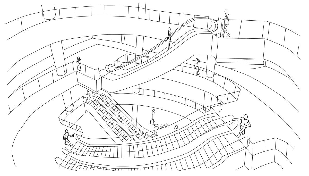 Раскраска Торговый центр с эскалаторами и посетителями