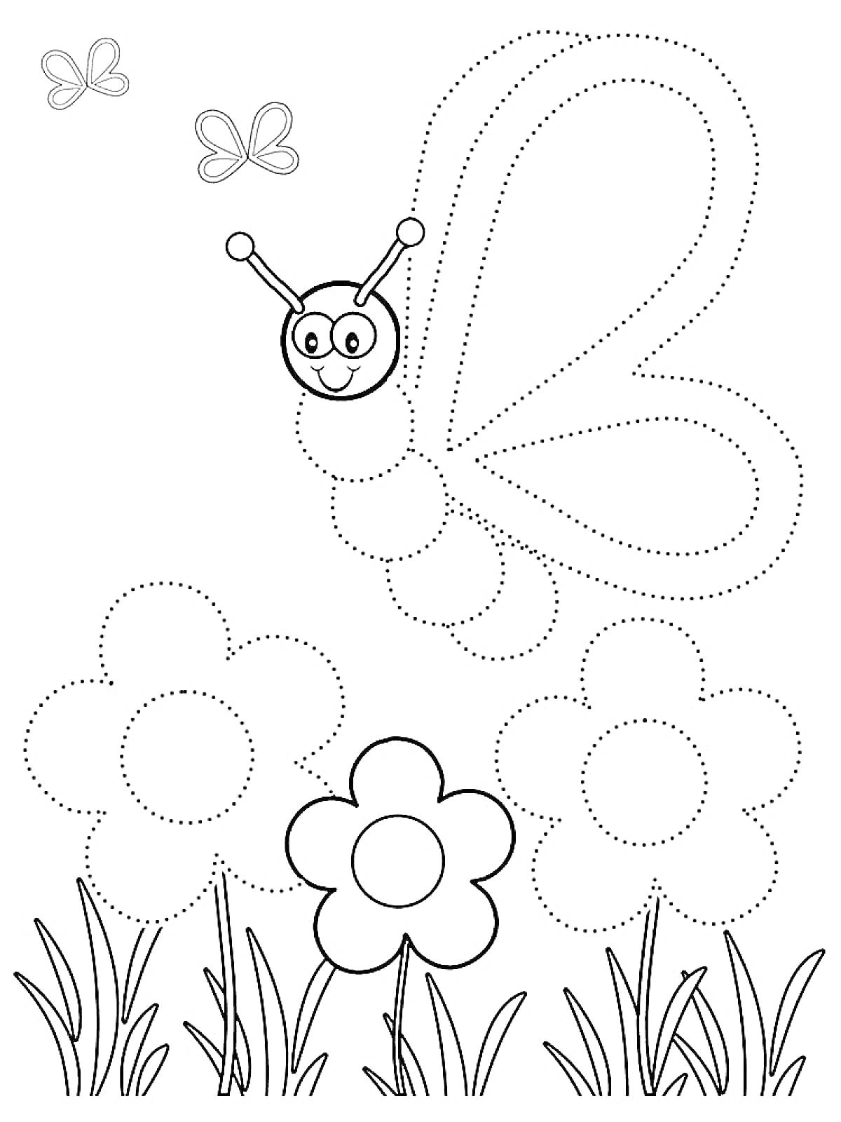 Раскраска Большая бабочка над цветами и маленькие бабочки