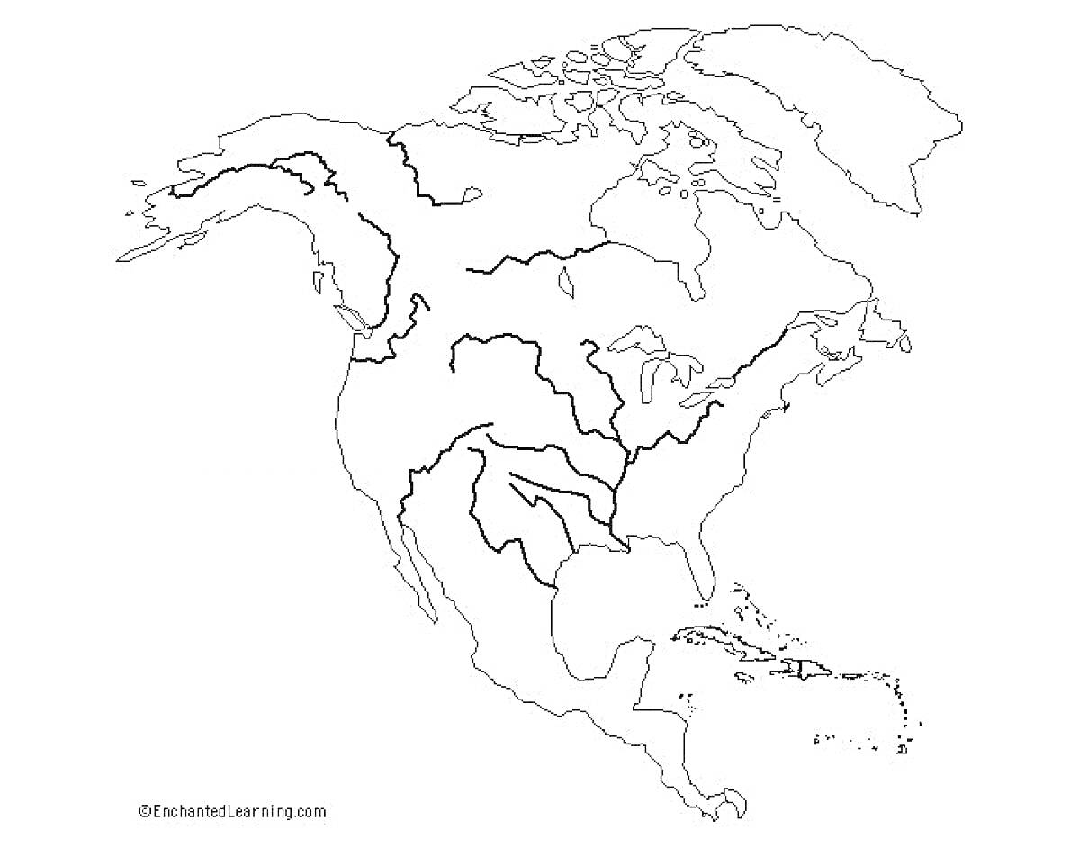 Раскраска Карта Северной Америки с контурами рек и реками