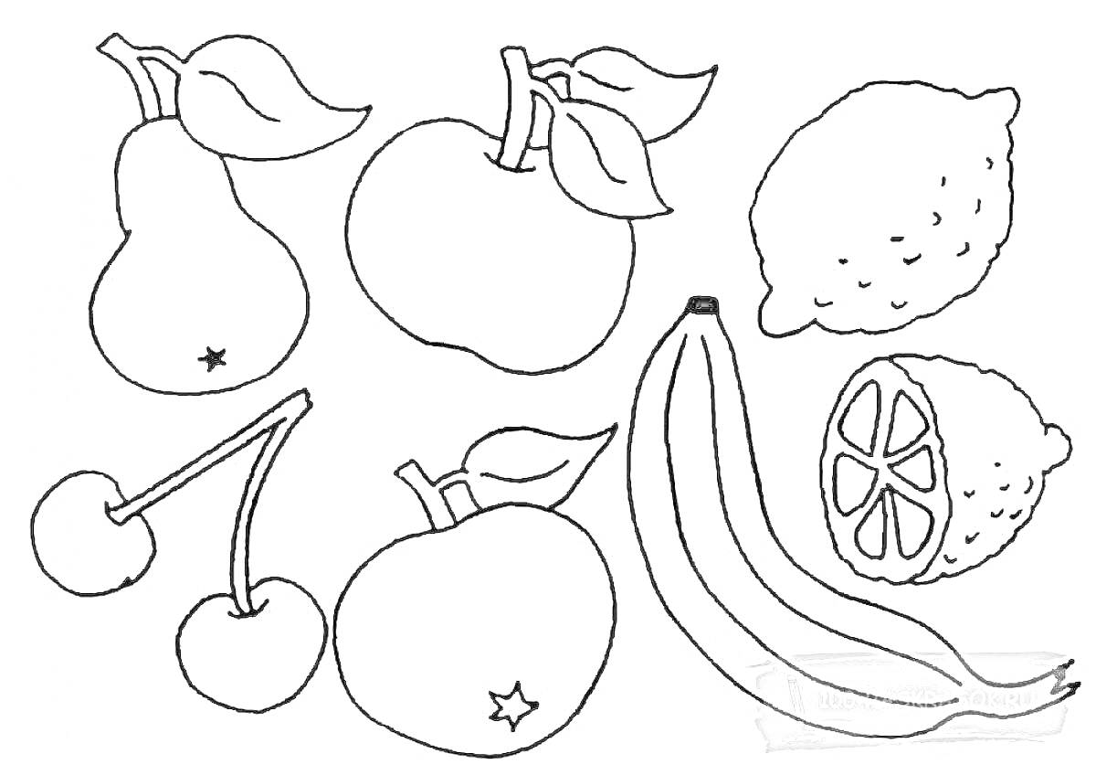 На раскраске изображено: Яблоко, Банан, Лимон, Вишня, Фрукты, Овощи, Груши