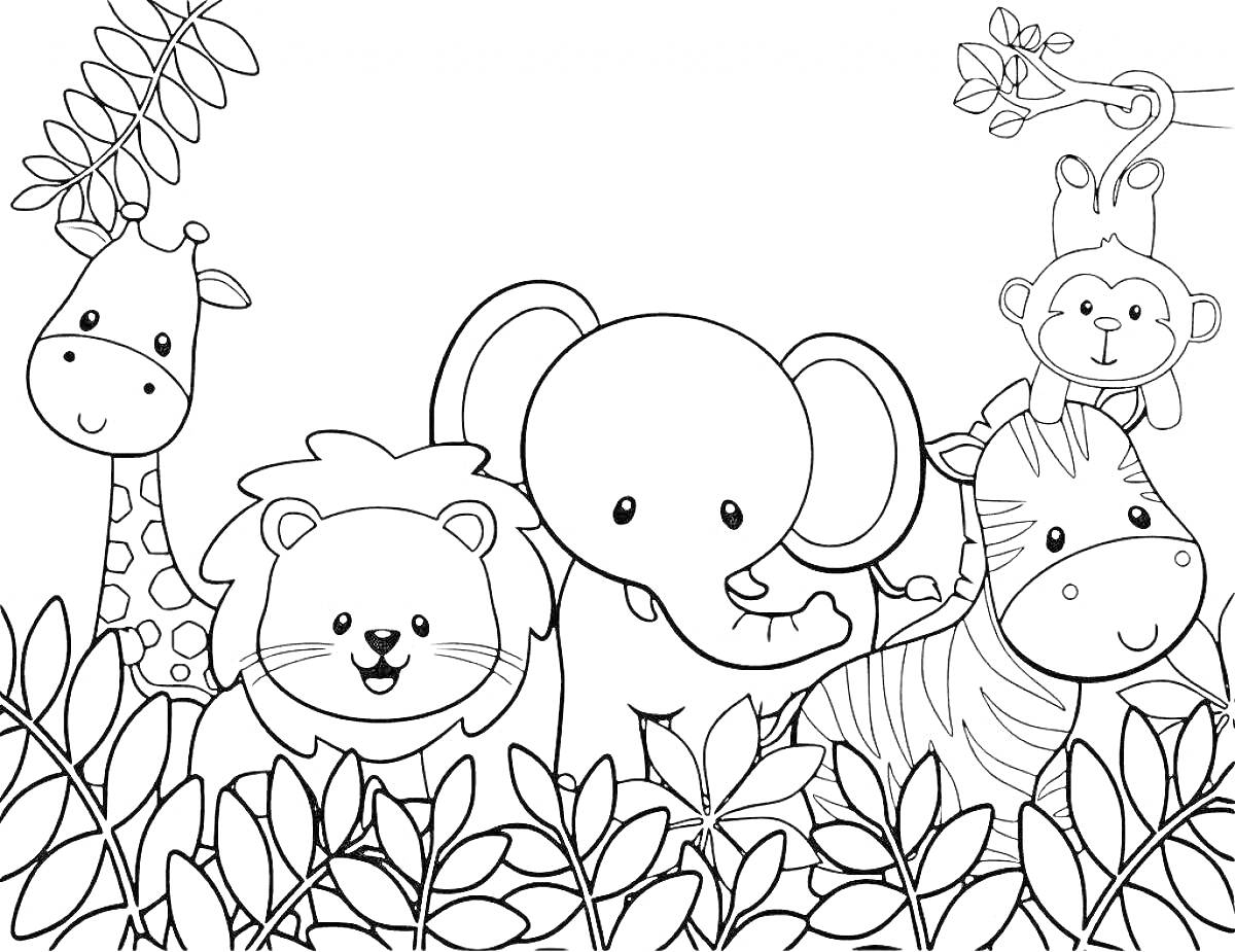 На раскраске изображено: Джунгли, Лев, Слон, Ребёнок, Природа, Листья, Животные, Жирафы, Зебры, Обезьяны