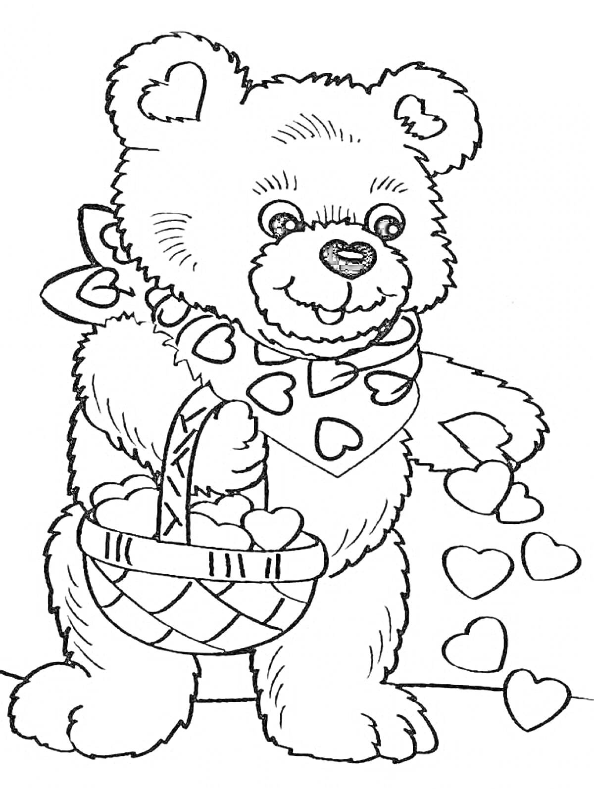 Раскраска Медвежонок Тедди с шарфом в сердечках, корзинкой и упавшими сердечками