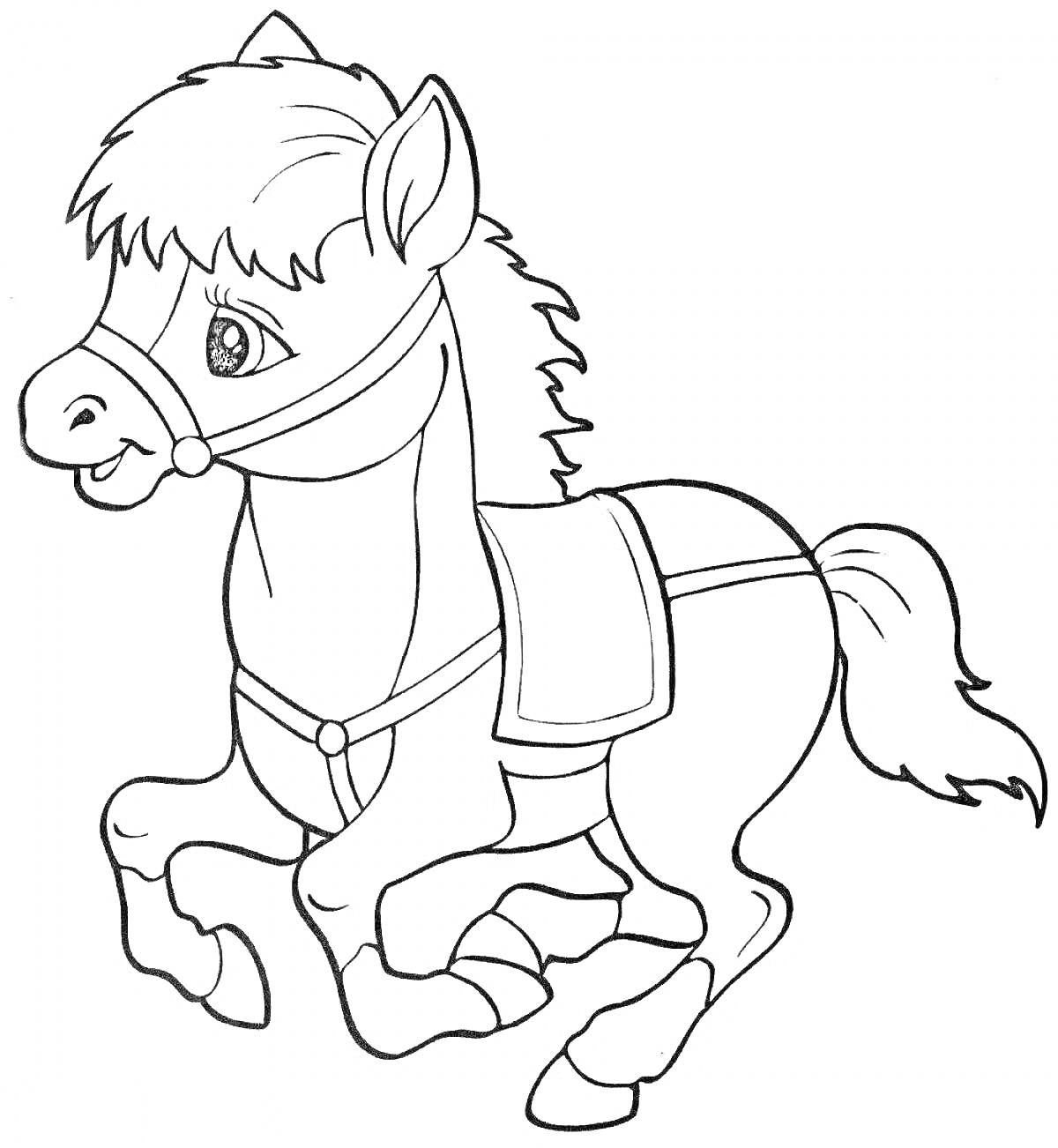 На раскраске изображено: Лошадь, Седло, Поводья, Животные, Для детей