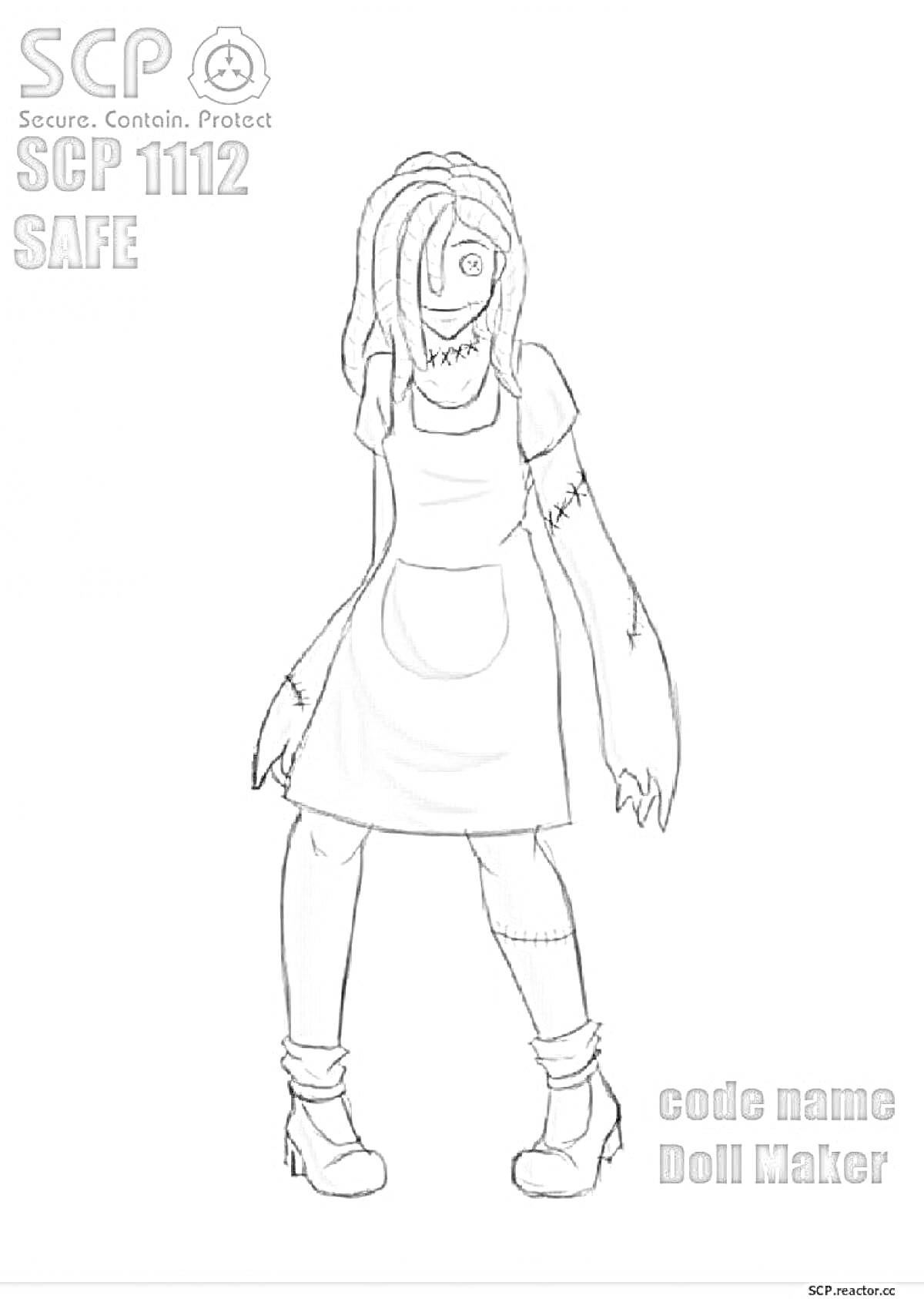 Раскраска SCP 1112 - Doll Maker с глазами-окунями, в платье и фартуке, с когтистыми руками и шрамами