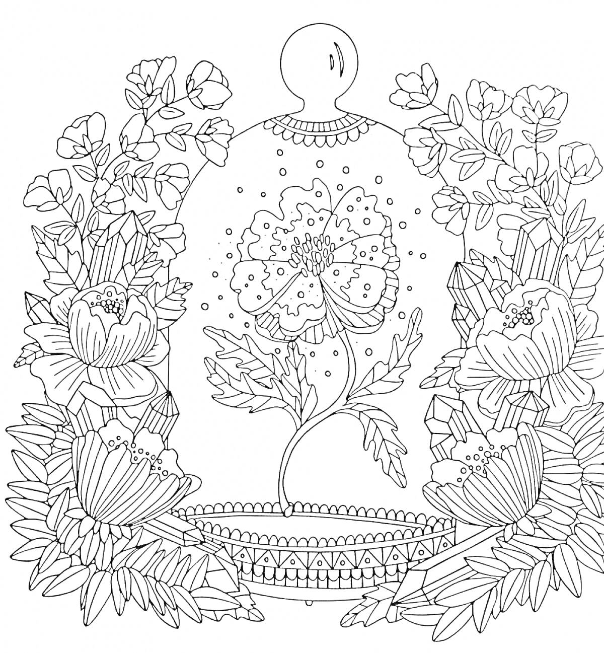 Раскраска бутылка с цветком внутри, окружённая цветами