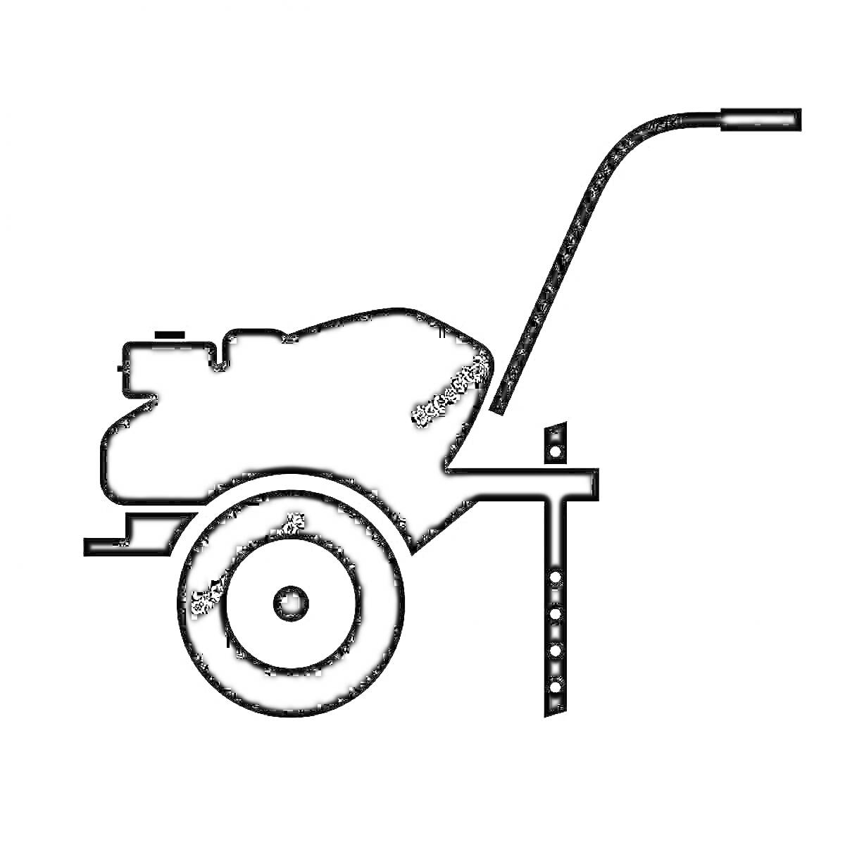 Силуэт мотоблока с двигателем, колесом и ручкой