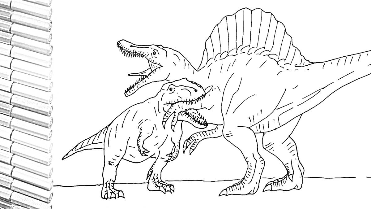 Раскраска Спинозавр и другой динозавр с разинутыми пастями рядом с цветными карандашами