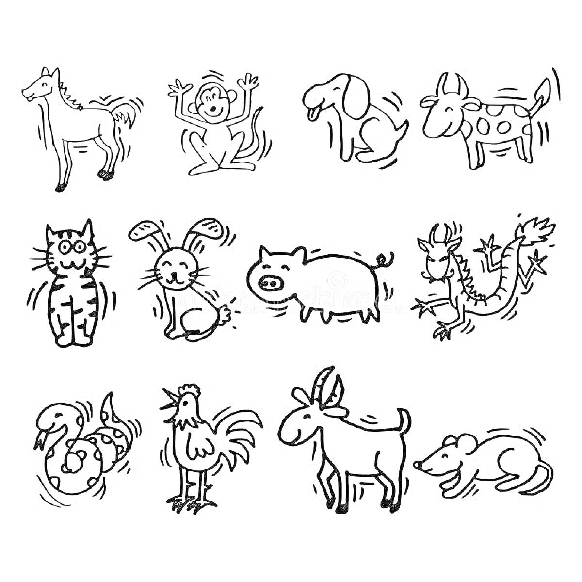 На раскраске изображено: Китайский календарь, Животные, Лошадь, Собака, Бык, Кролик, Дракон, Петух
