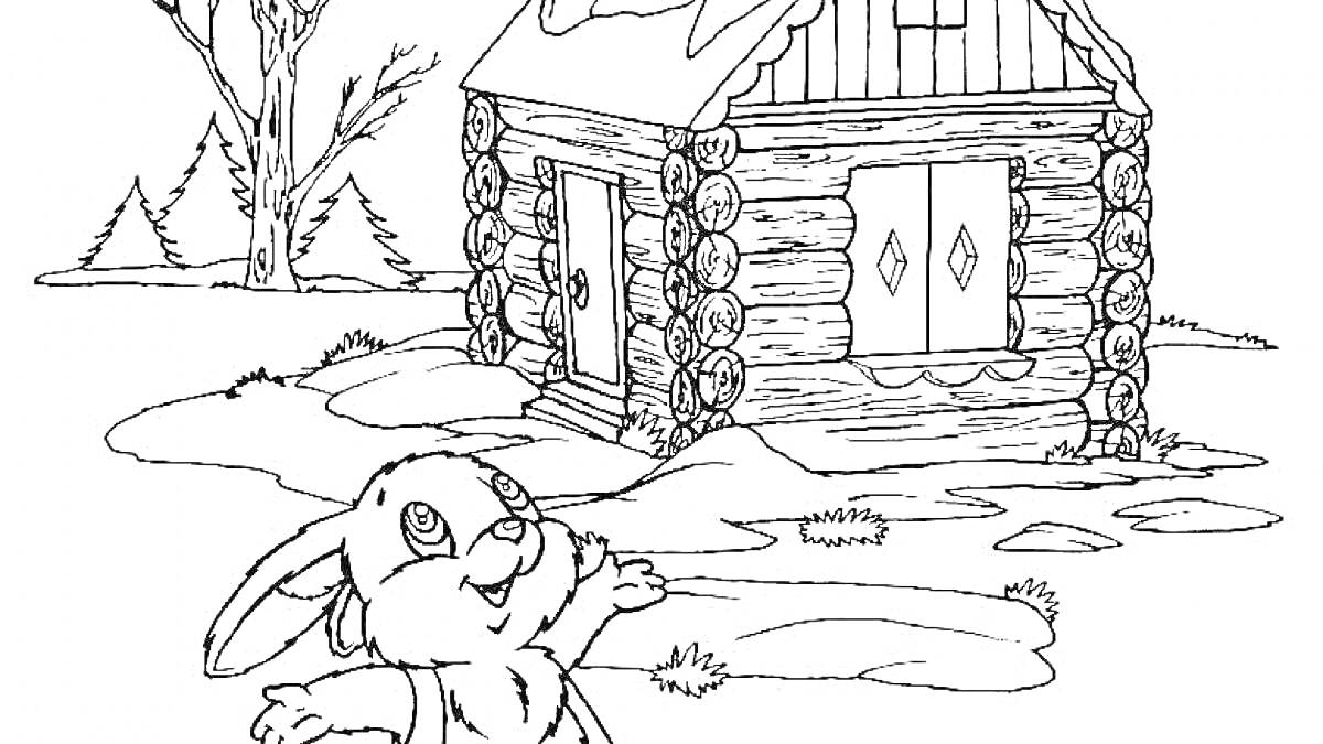 На раскраске изображено: Лес, Зима, Снег, Бревенчатый дом, Кролик, Заяц, Деревья, Природа, Холод, Мультипликационный персонаж