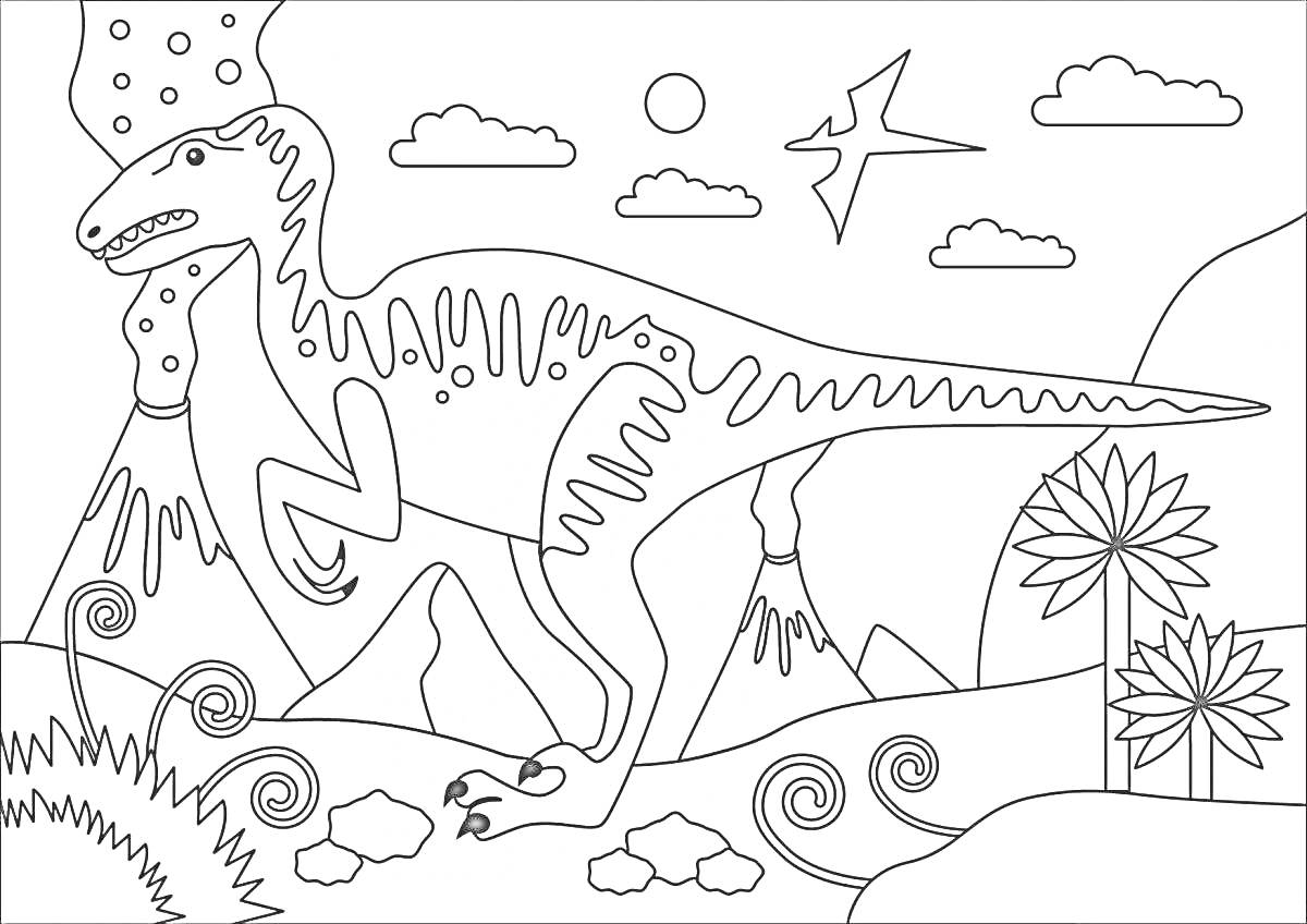 На раскраске изображено: Динозавр, Вулкан, Растения, Облака, Птица, Небо, Камни, Природа