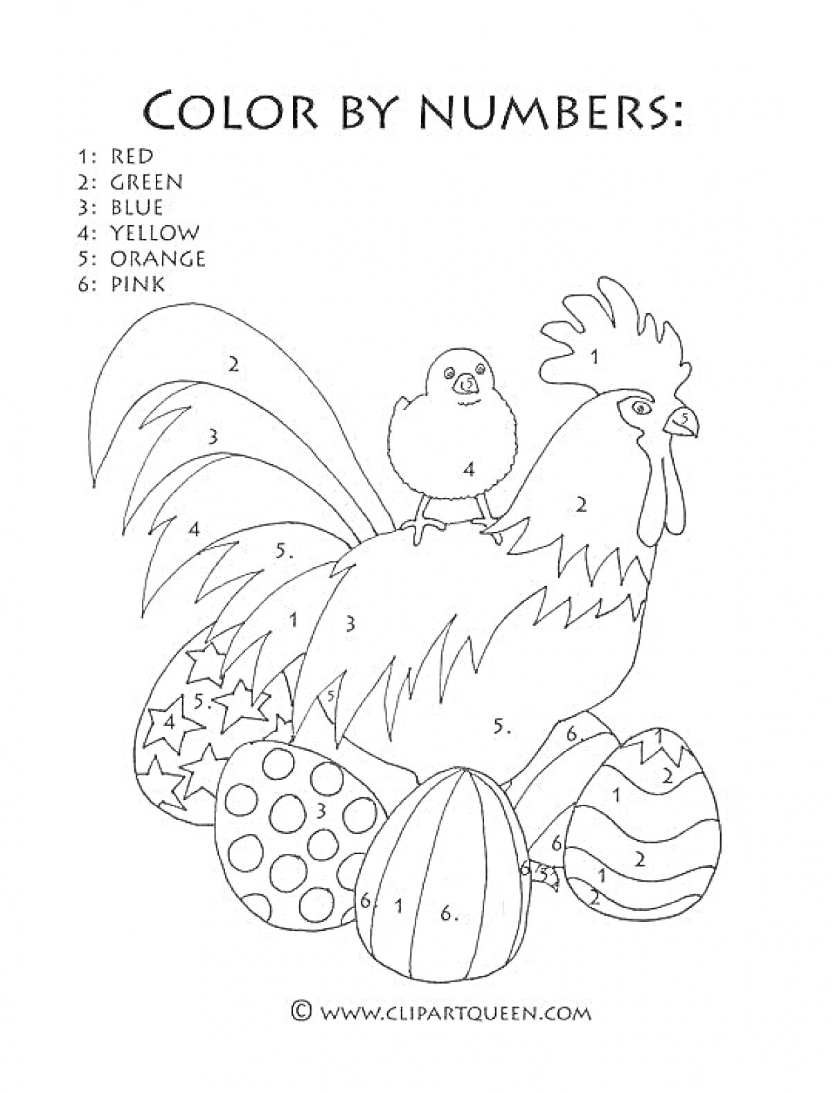 На раскраске изображено: Петух, Пасхальные яйца, Цифры, Зеленый, Желтый, Пасха, Творчество