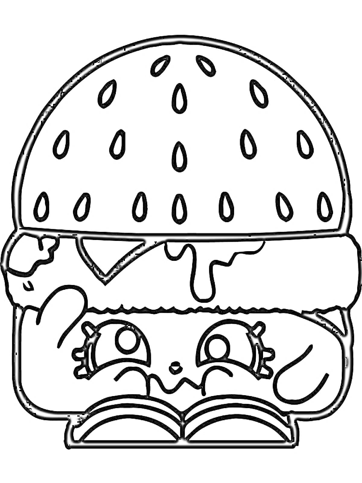 Раскраска Смешной сквиши в виде бургера с начинающимися глазами и сыром