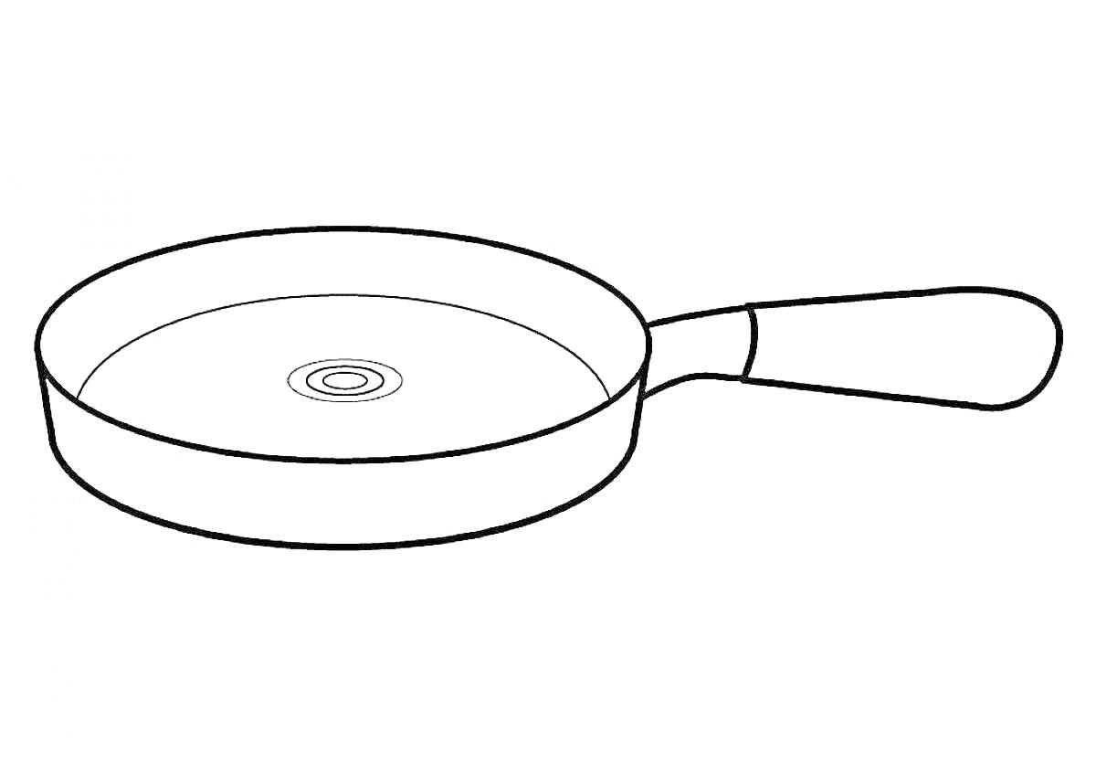 На раскраске изображено: Сковорода, Ручка, Кухонные принадлежности, Посуда, Готовка