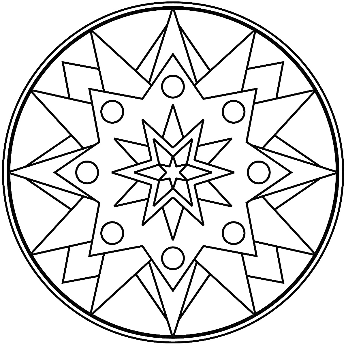 Раскраска Мандала с восьмиконечной звездой, окруженной треугольниками и кружками