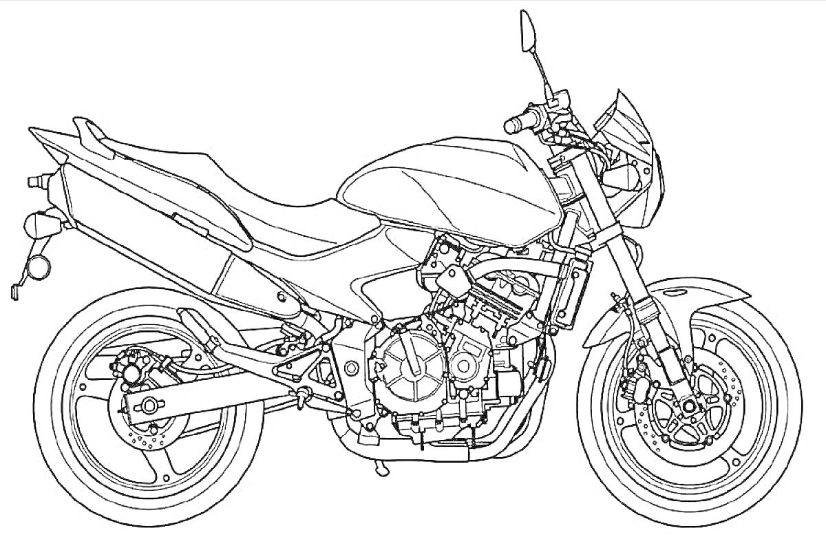 На раскраске изображено: Мотоцикл, Зеркала заднего вида, Фары, Колеса, Транспорт, Сидение