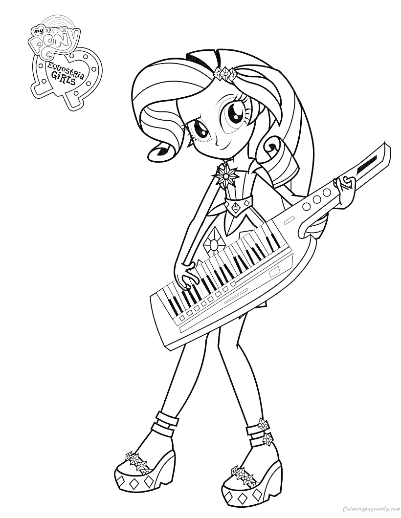 Раскраска Девочка с длинными волосами, в платье с украшениями и цветами, играющая на музыкальном инструменте (клавитара)