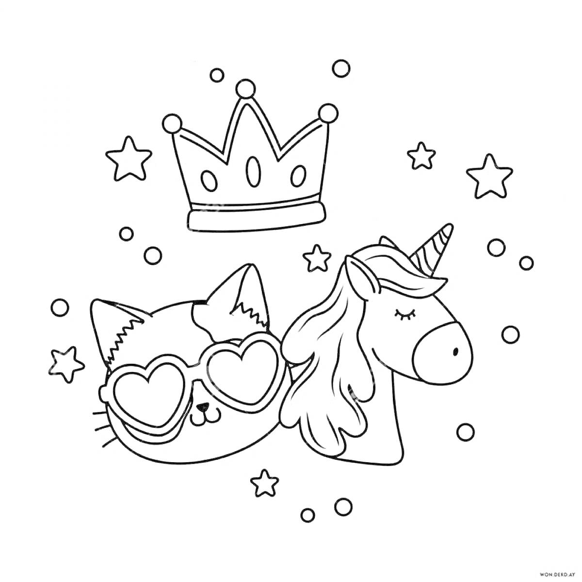 На раскраске изображено: Корона, Звезды, Для девочек, Мило, Животные