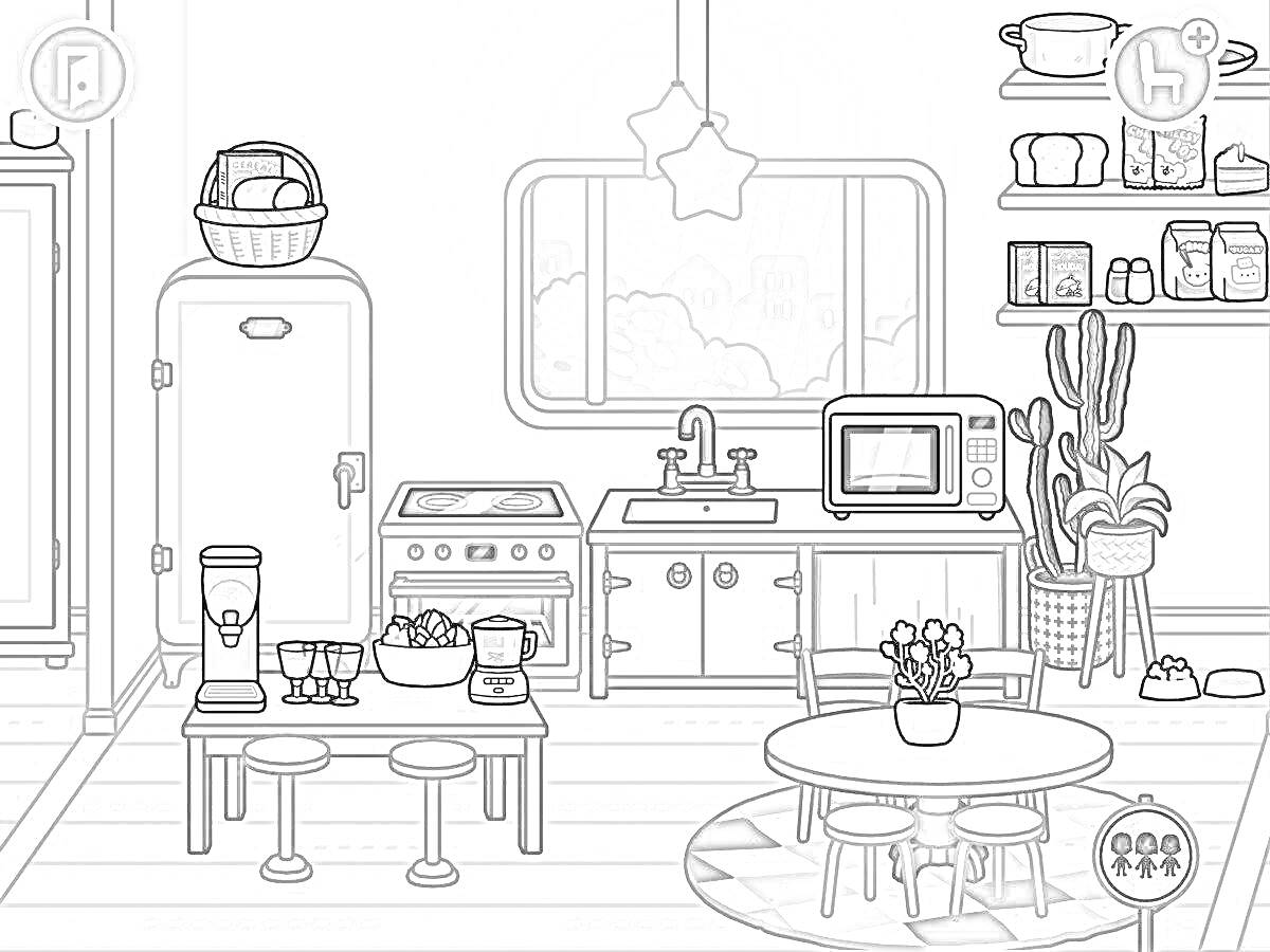 Раскраска Кухня с обеденной зоной, плита, раковина, микроволновка, кактус, цветы на столе, блендер, полки с посудой, холодильник, корзина для хлеба, окно с видом на город