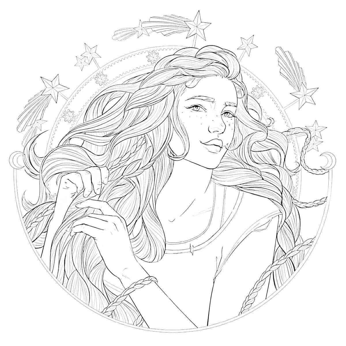 Раскраска Портрет девушки с длинными волосами, звезды и кометы