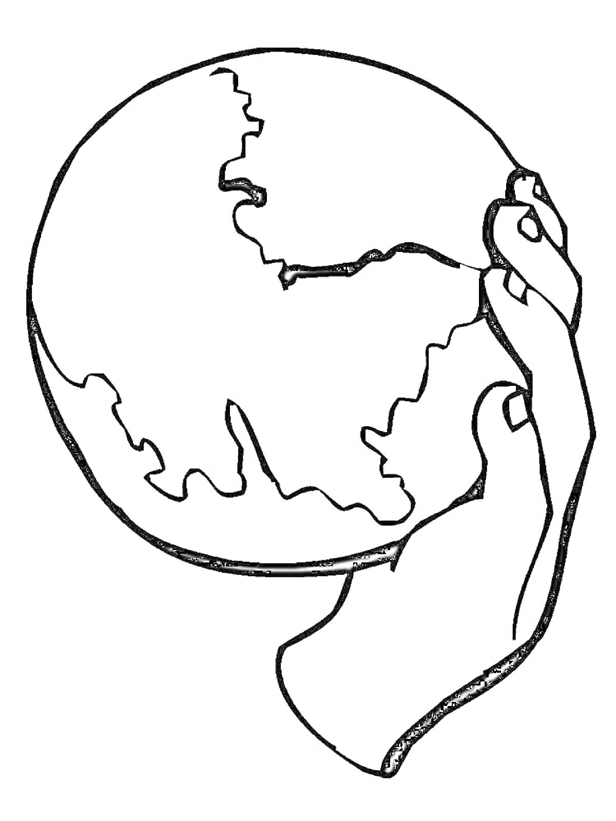 На раскраске изображено: Планета Земля, Руки, Глобус, Континенты
