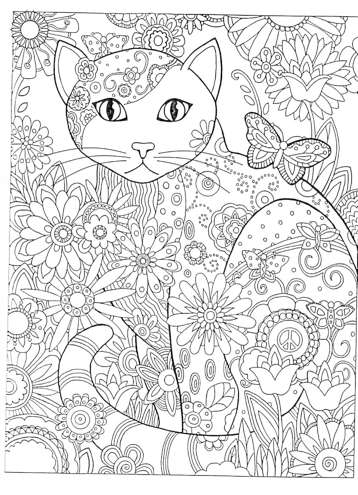 На раскраске изображено: Кот, Цветы, Бабочка, 12 лет, Узоры, Природа