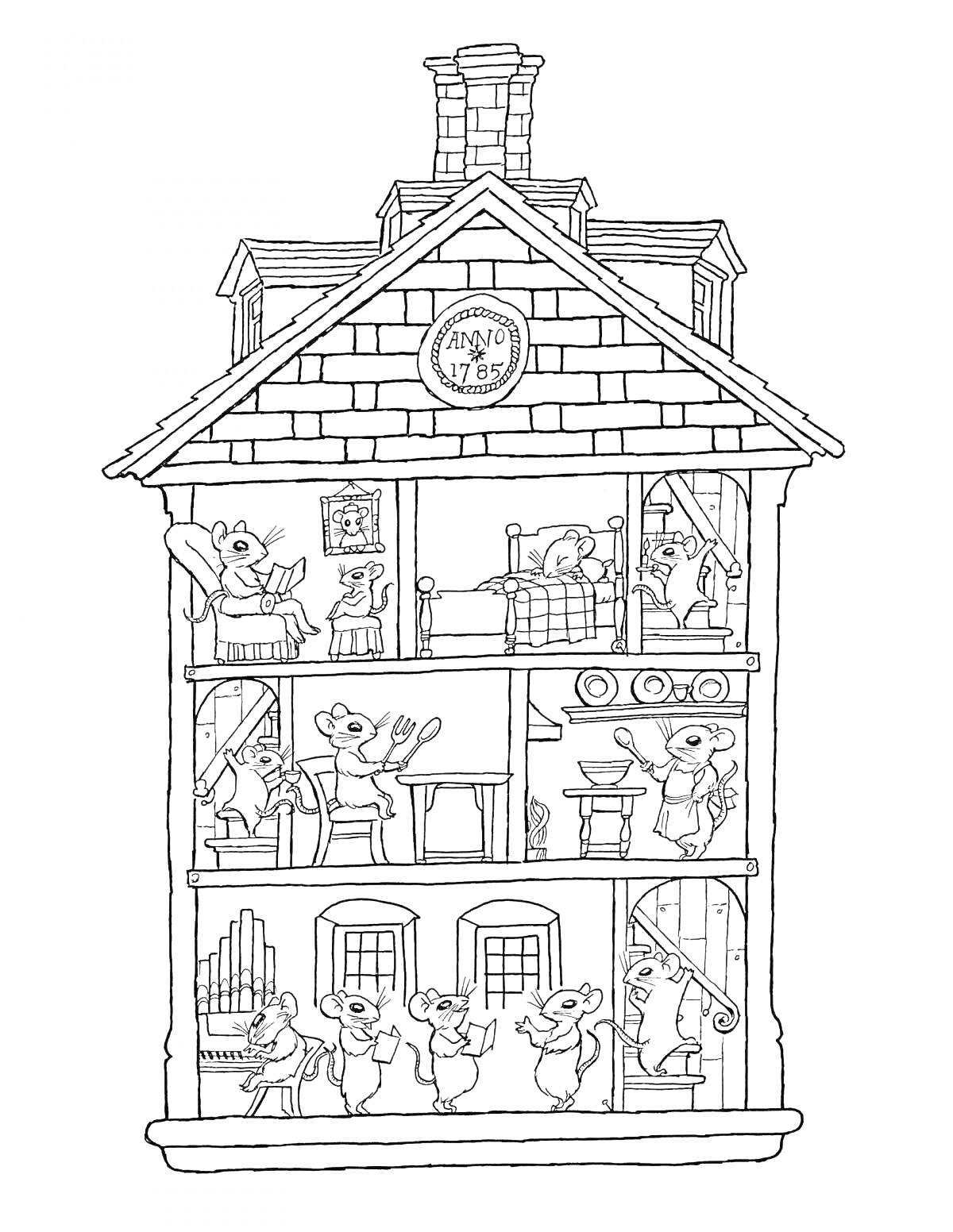На раскраске изображено: Дом, Комнаты, Мебель, Рояль, Лестница, Камин, Часы, Крыша, Труба, Мышь, Окна, Кровати