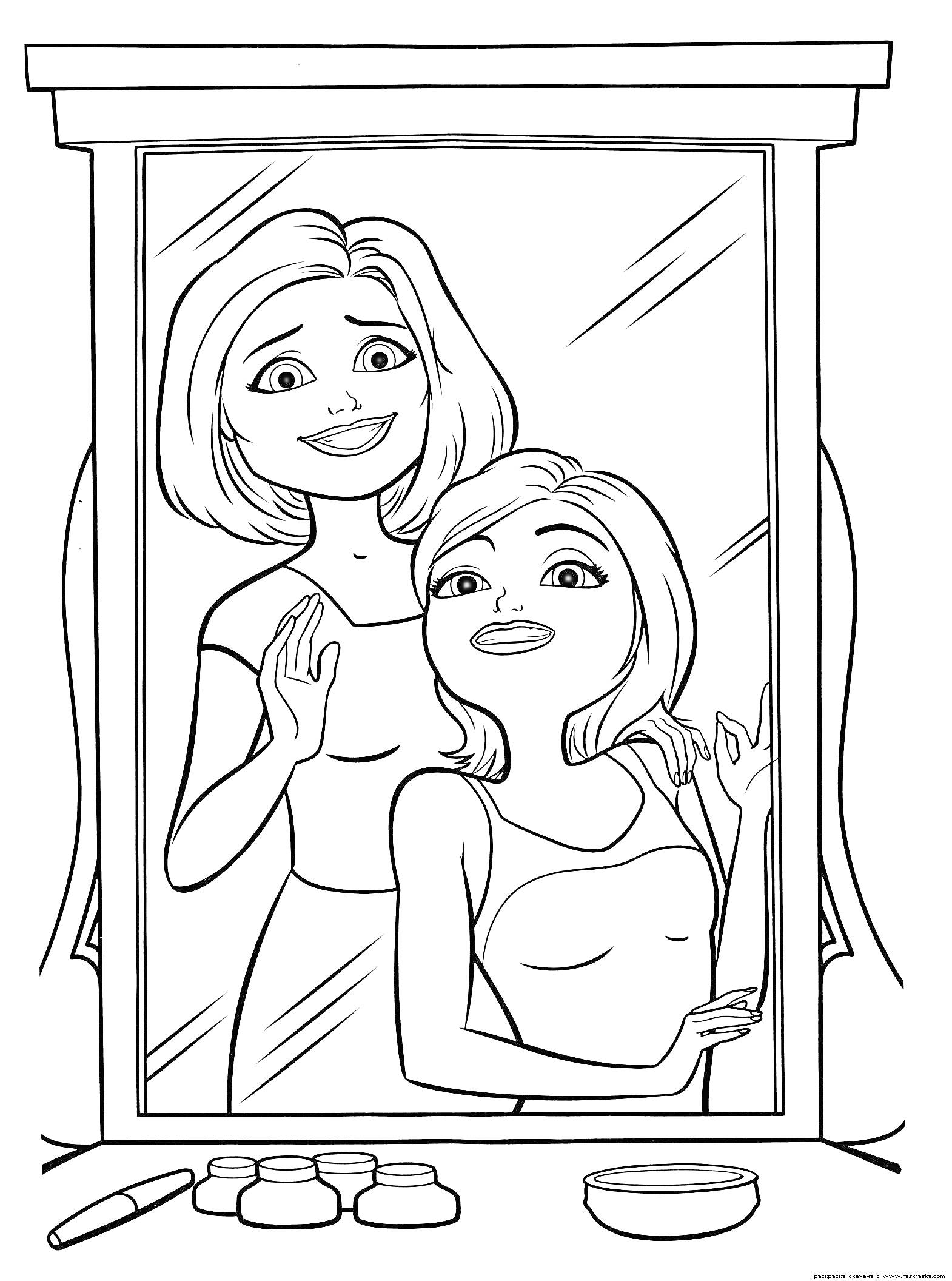 Раскраска Мама и дочка перед зеркалом, мамы и дочка улыбаются, стоя друг за другом, на столе перед ними косметика