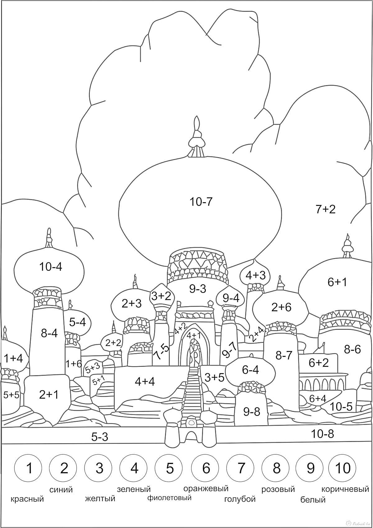 Раскраска Замок со всеми элементами на фото, включая вход, башни, небо и уравнения
