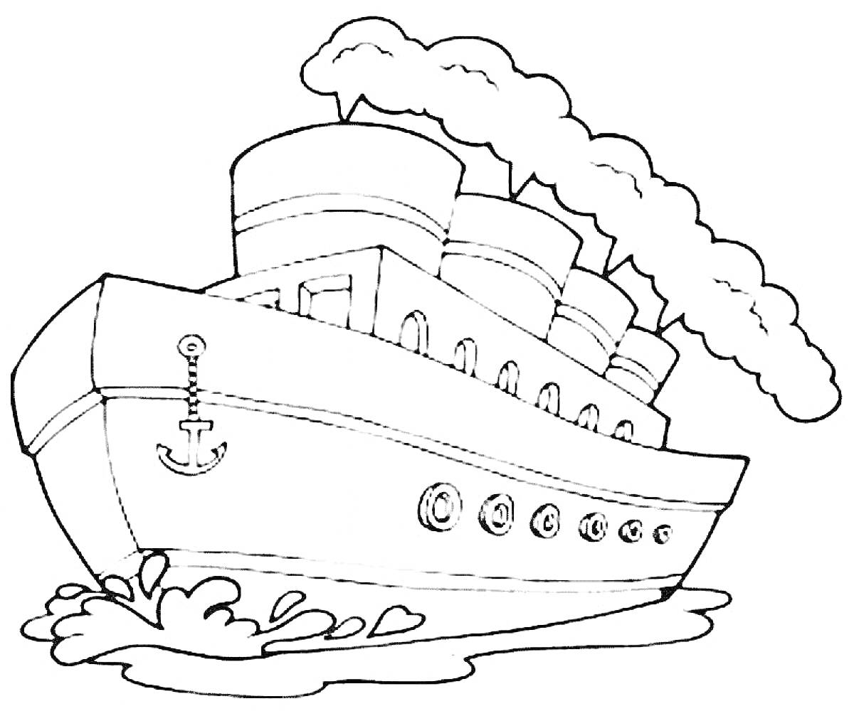 На раскраске изображено: Пароход, Корабль, Дым, Волны, Море, Вода, Труба, Якоря