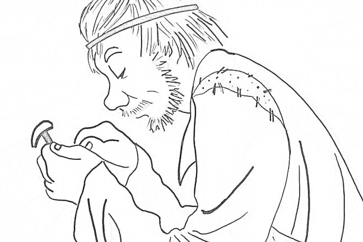 Раскраска Левша, держащий в левой руке подкову и молоток, разбивая гвоздь