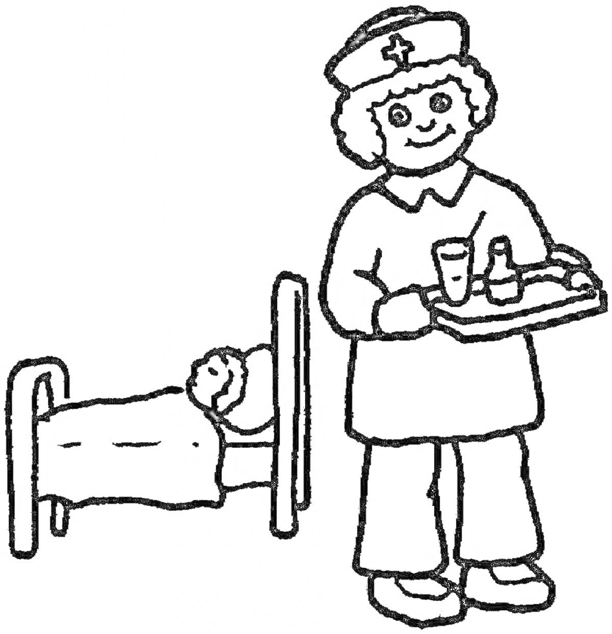 Раскраска врач с шапочкой и подносом с лекарствами у кровати пациента