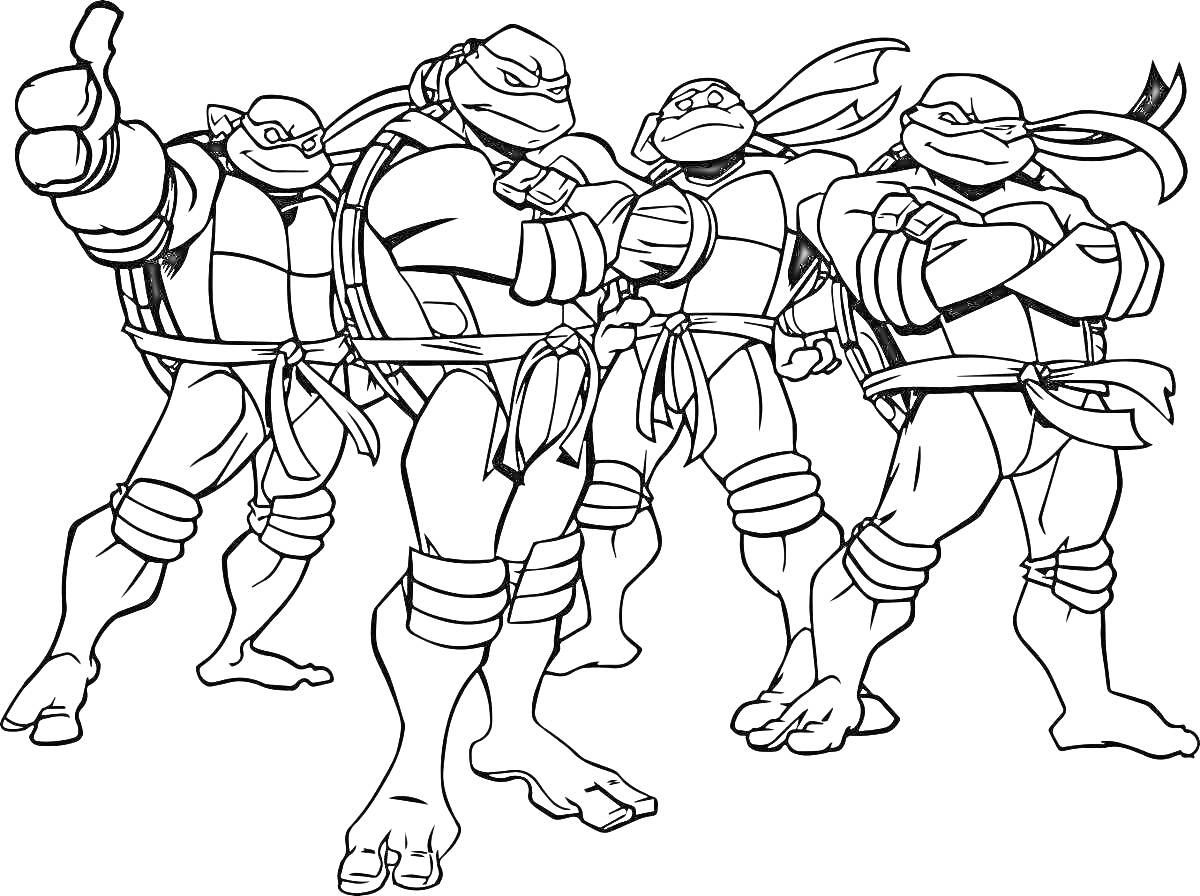 Раскраска Черепашки-ниндзя Леонардо с тремя другими черепашками-ниндзя в боевой стойке, повязка Леонардо дует назад