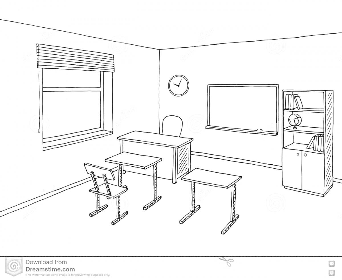 На раскраске изображено: Классная комната, Парты, Часы, Доска, Книжный шкаф, Учебный класс