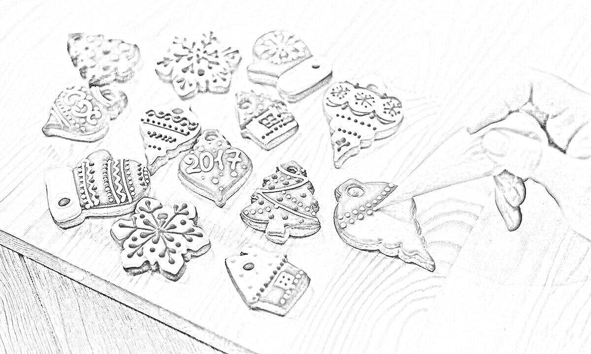 Раскраска Пряники в форме варежки, снежинки, домика, украшенные глазурью