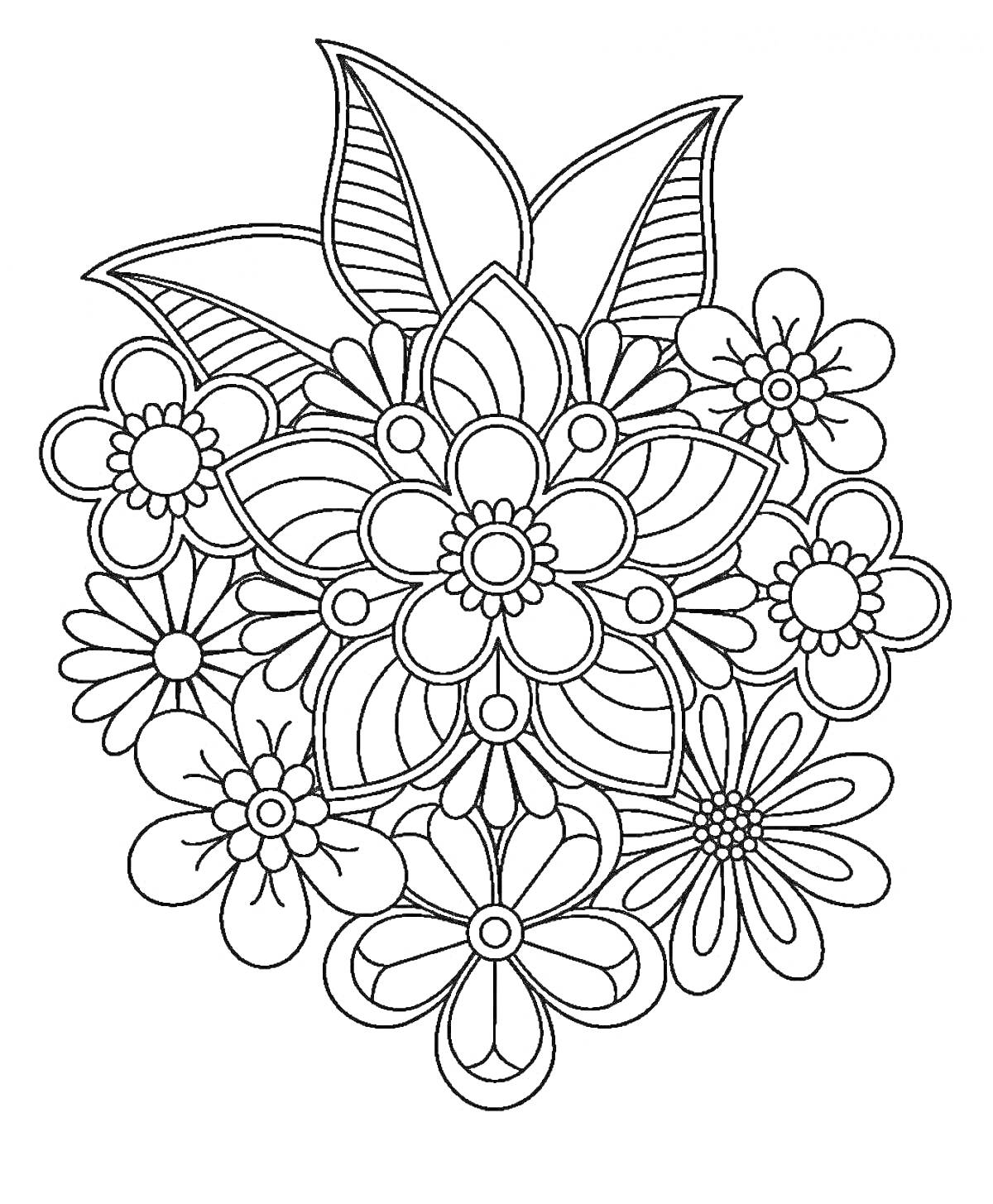 Раскраска Цветочный узор с листьями и цветами