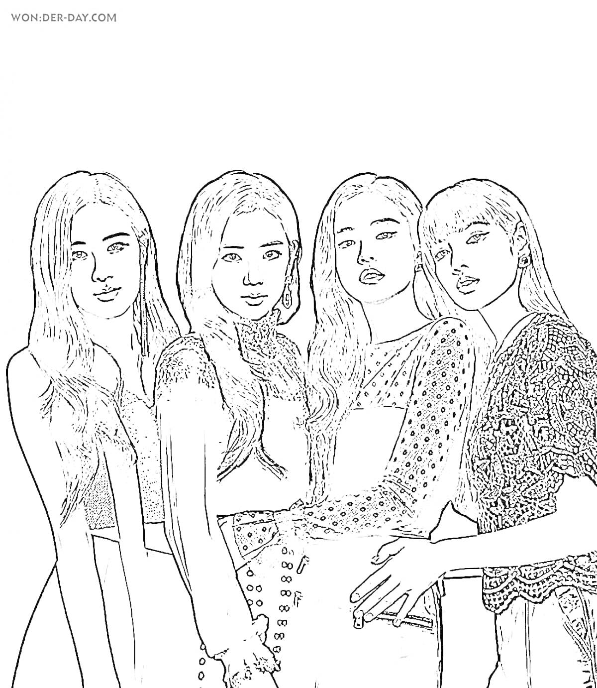 На раскраске изображено: Группа, Стиль, Мода, Дружба, Одежда, K-pop, Девочка