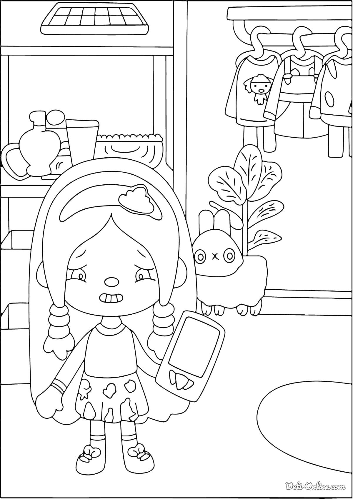 На раскраске изображено: Тока бока, Девочка, Мобильный телефон, Шкаф, Одежда, Обувь, Растения, Игрушки, Крюк
