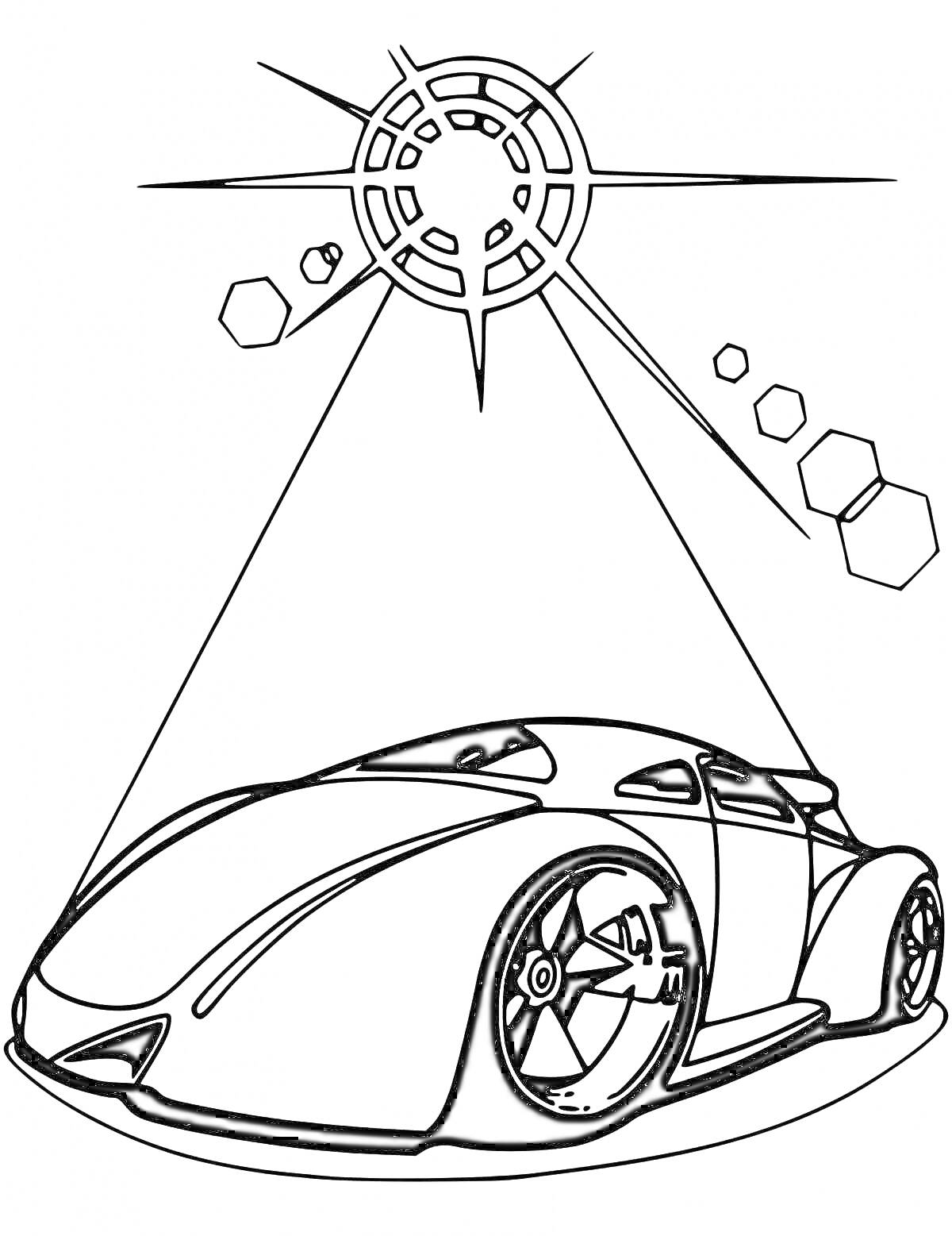 На раскраске изображено: Солнце, Геометрические фигуры, Транспорт