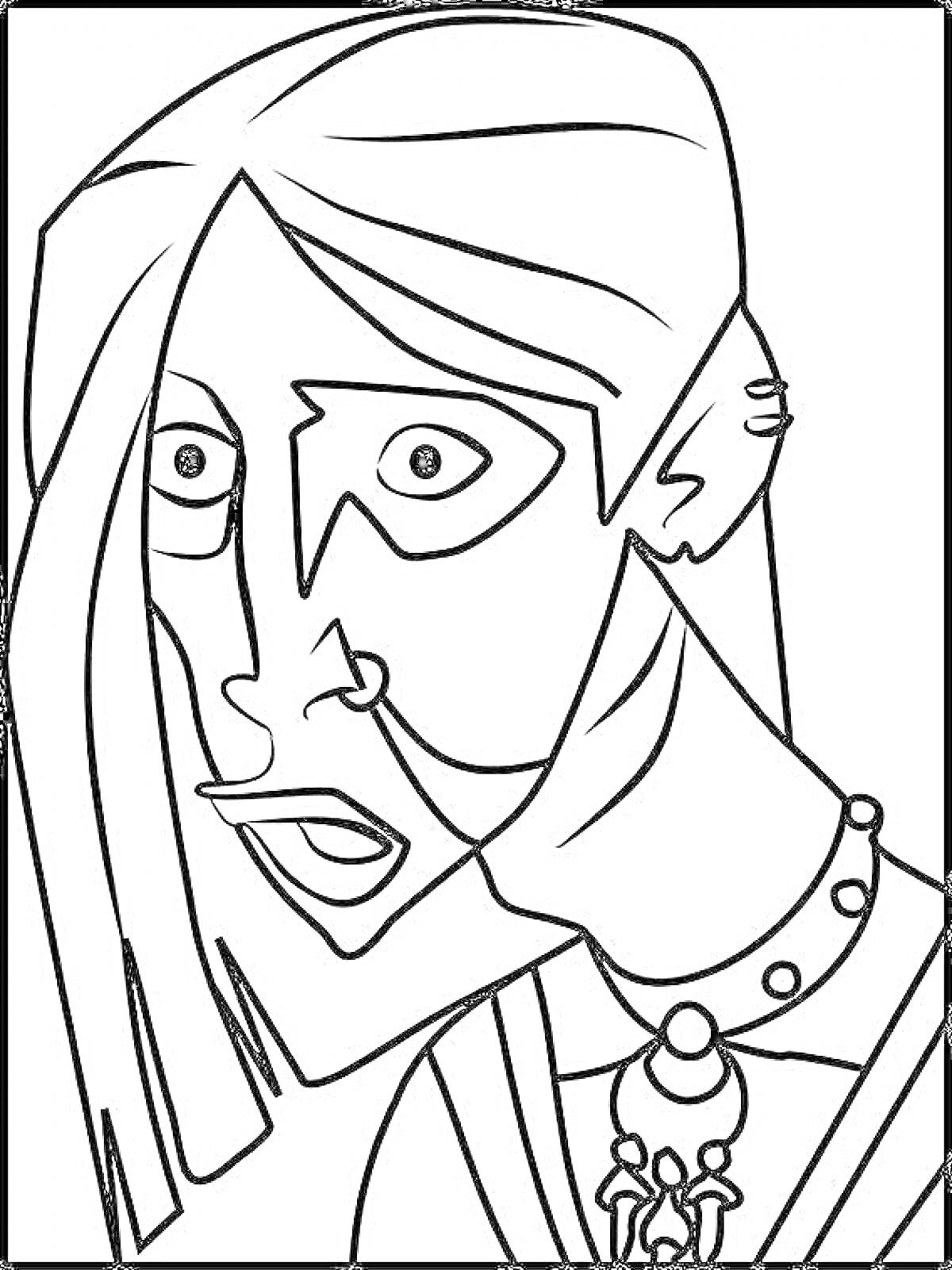 Раскраска Портрет в стиле Пабло Пикассо с женщиной, ожерельем и украшением