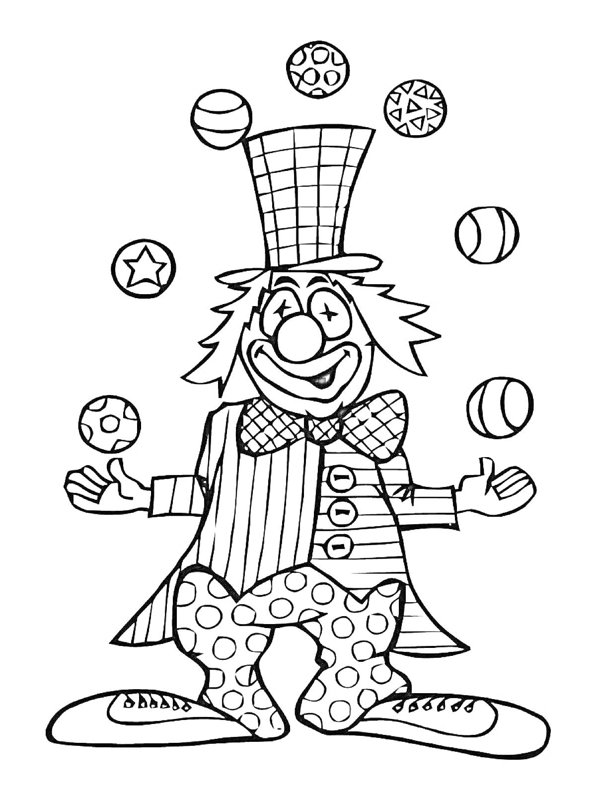 Раскраска Клоун, жонглирующий мячами в шляпе, с бабочкой, в пиджаке и штанах с крупным узором