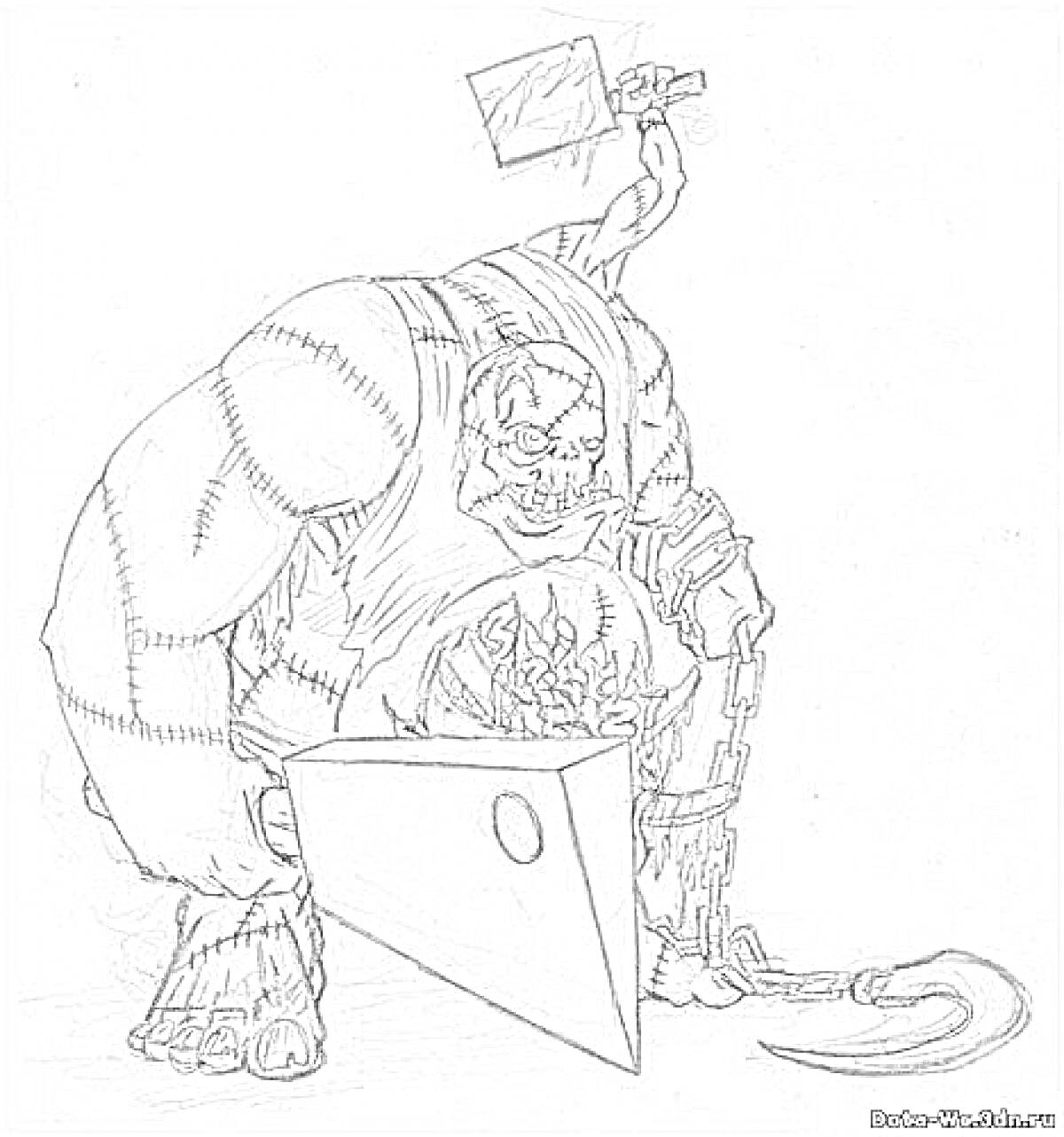 Раскраска Персонаж с топором и крюком, в цепях, сшитый из частей