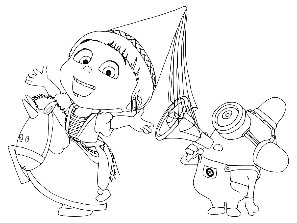 Раскраска Миньон с мегафоном и радостная девочка на игрушечной лошадке