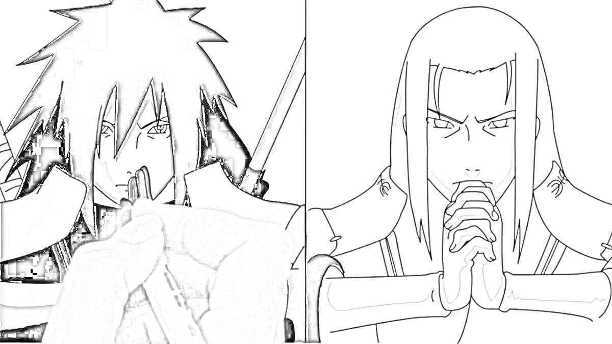 Раскраска Раскраска с двумя персонажами аниме, один из которых с темными волосами и раскрашенными глазами, другой с длинными светлыми волосами и переплетенными пальцами