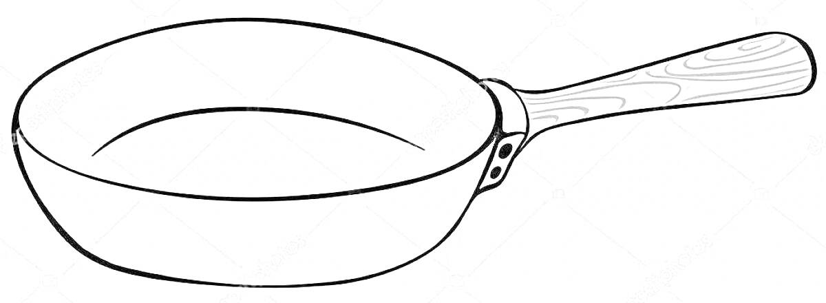 На раскраске изображено: Сковорода, Деревянная ручка, Кухня, Посуда, Готовка