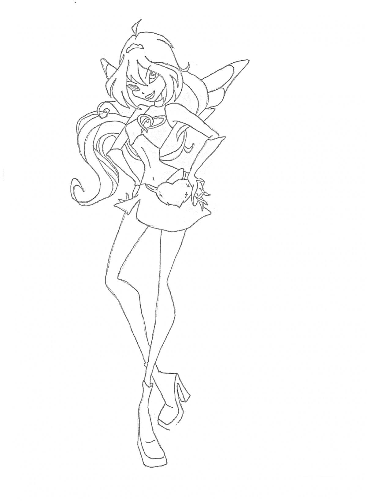 Раскраска Фея из Винкс в форме Чармикс с длинными волосами и крыльями, одетая в топ, юбку и высокие каблуки