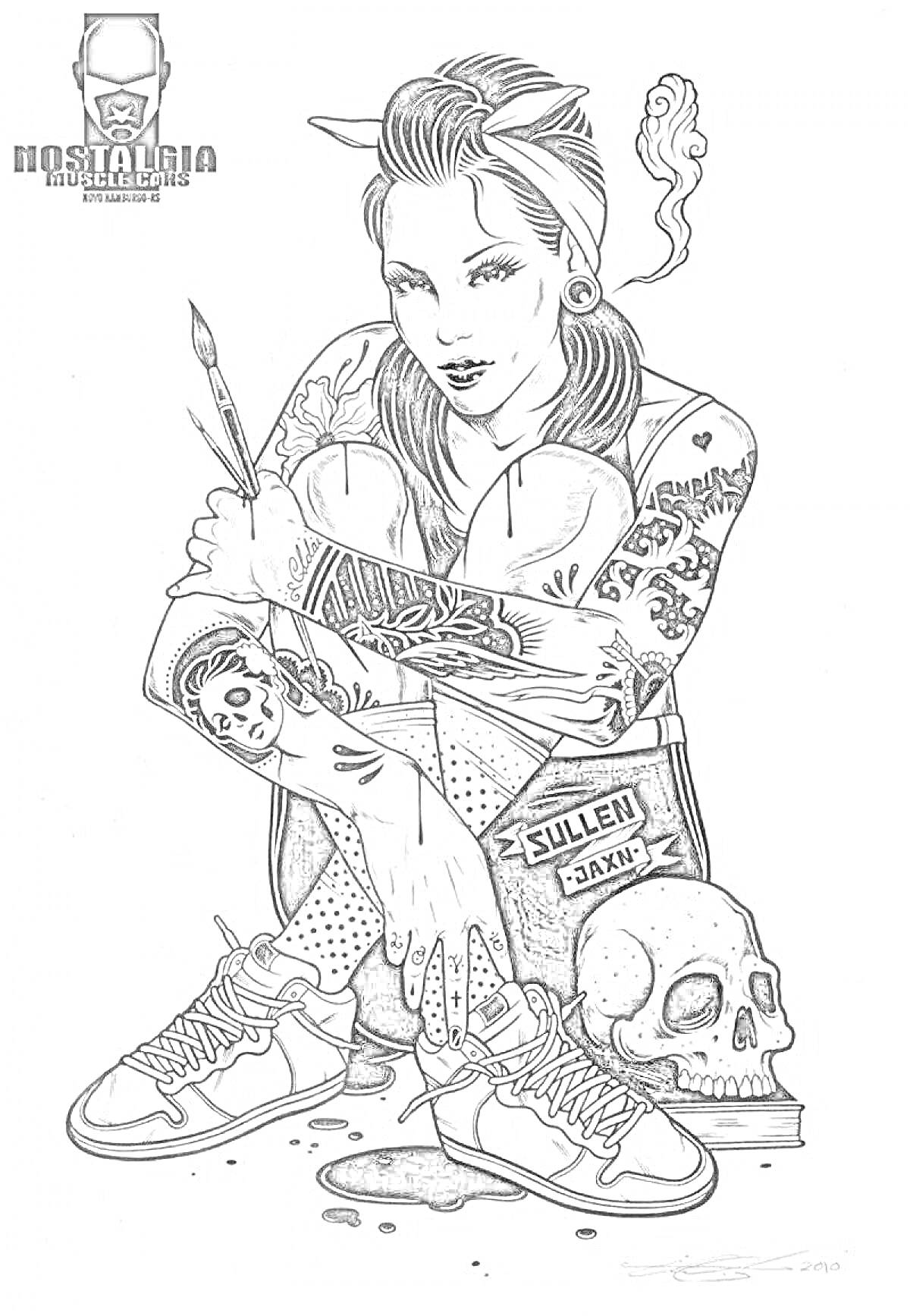 Раскраска Девушка панк с кистью и черепом